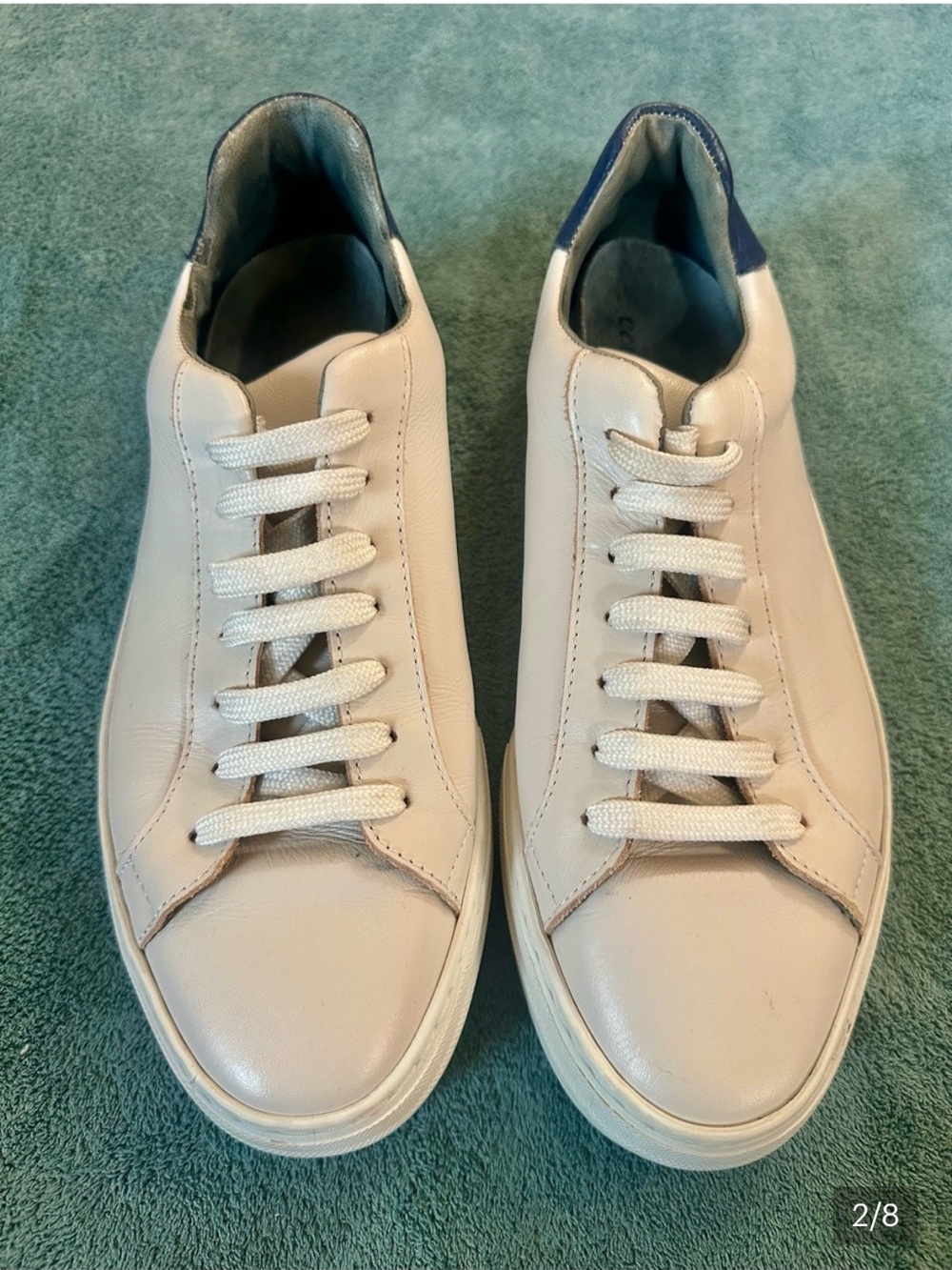 Celtic & Co Leather Platform Sneakers Cream Navy Lace Up EU 41 US 10 Minimalist - Picture 2 of 8